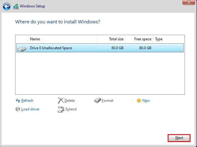 Windows 11 setup unallocated disk