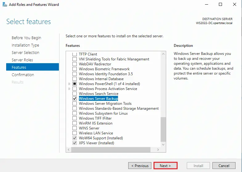 Windows Server Backup Features