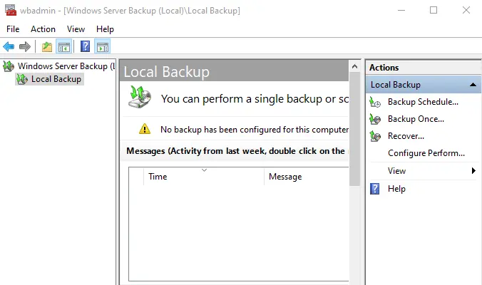 Windows Server Backup console