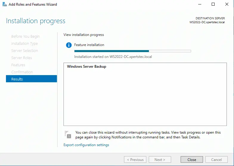 Windows Server Backup features results