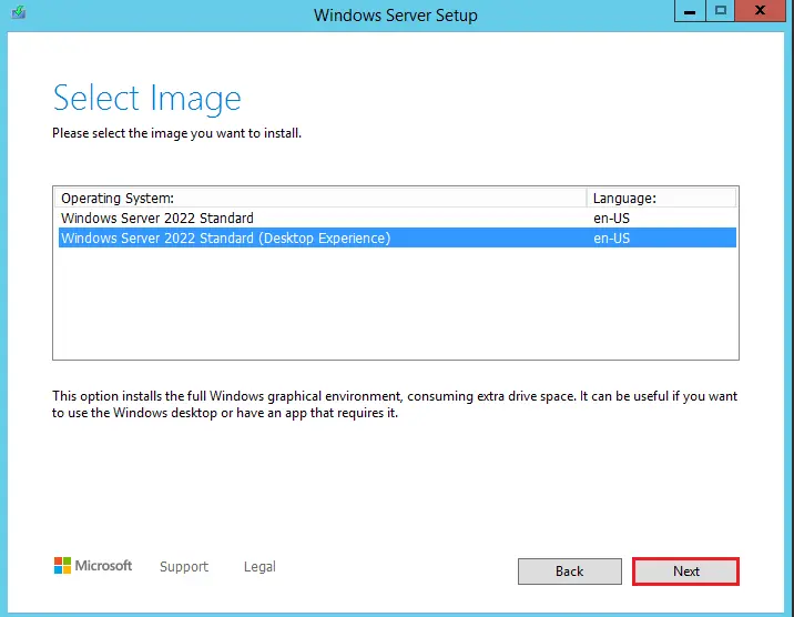 Windows Server setup choose image