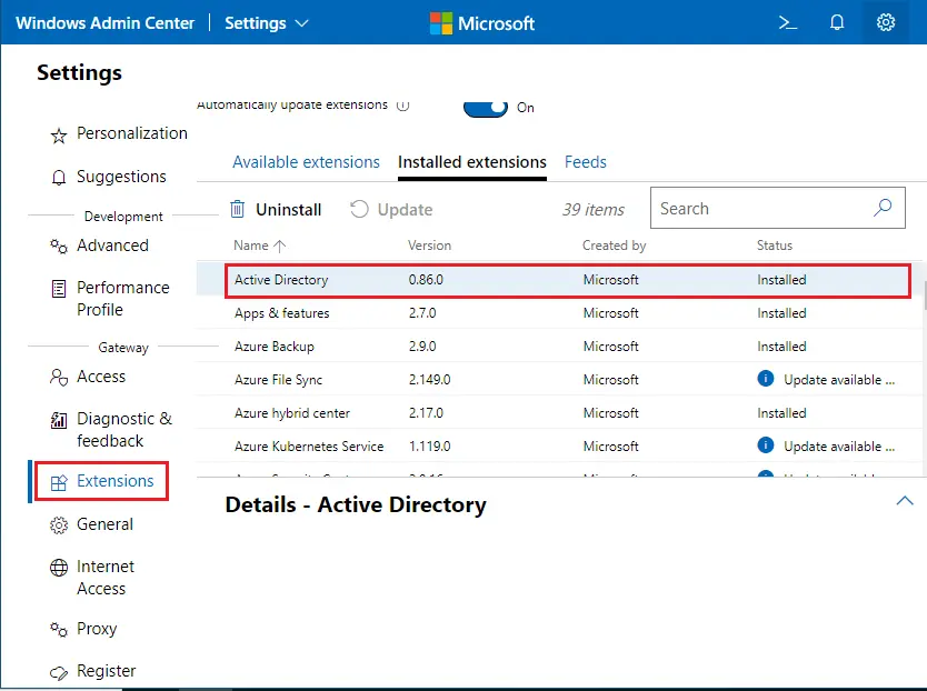 Windows admin center extensions