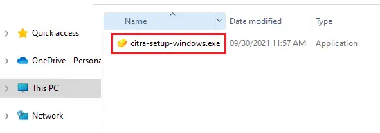 Windows explorer Citra setup file