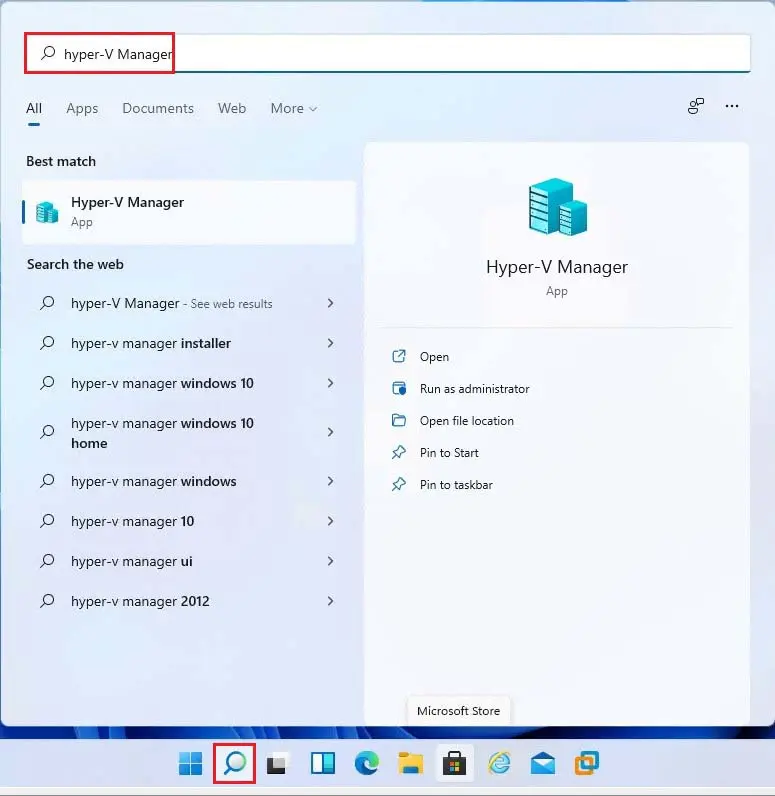 Windows search Hyper-V manager