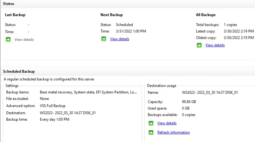 Windows server backup console