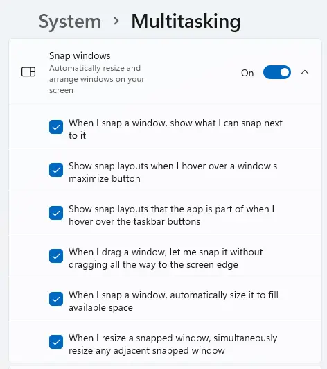 Windows settings multitasking