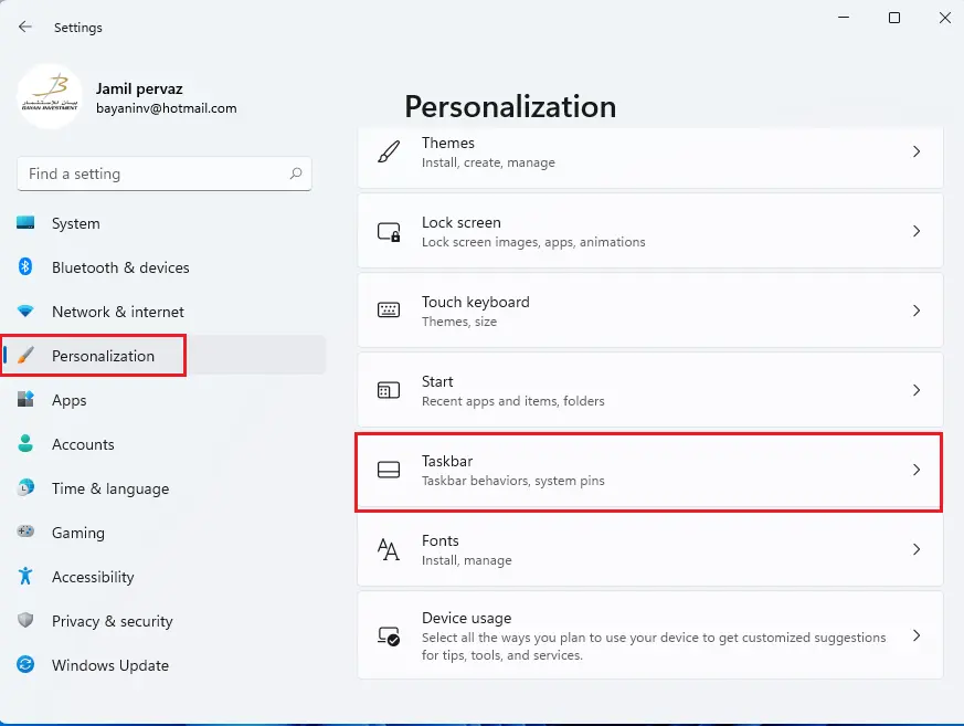 Windows settings, personalization