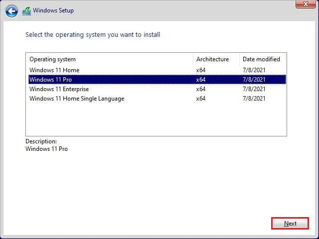 Windows setup choose operating system