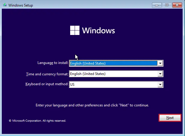 Windows setup language