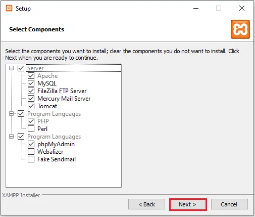 XAMPP install components