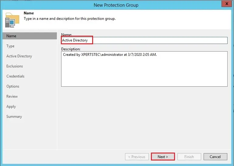 add protection group name veeam