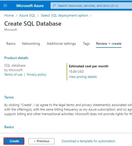 azure create sql database create