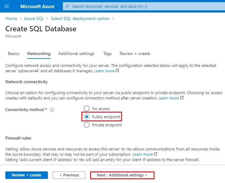 azure create sql database networking