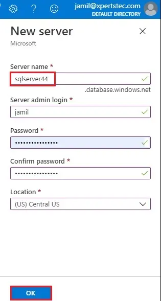 azure create sql database new server