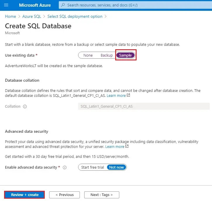 azure create sql database sample