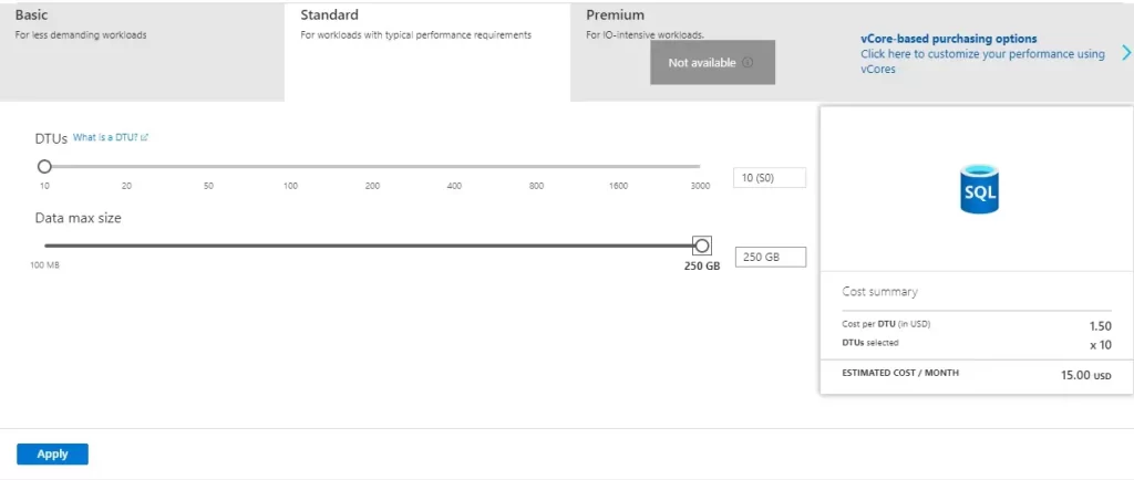 azure create sql database standard