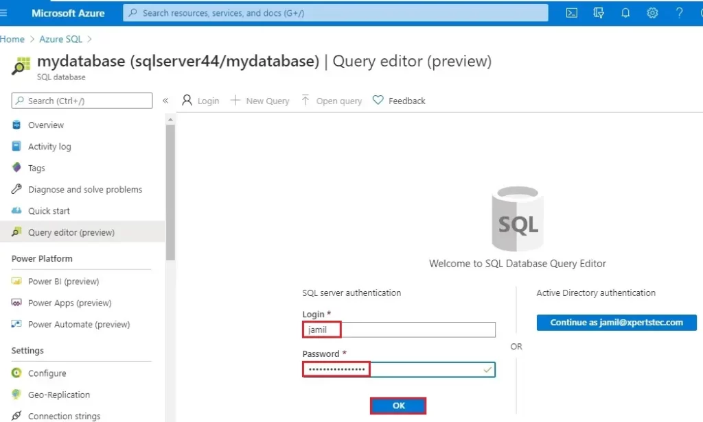 azure sql database query editor preview