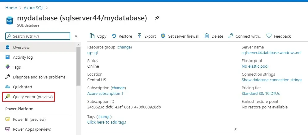 azure sql database query editor