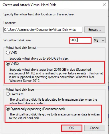 create and attach virtual hard disk