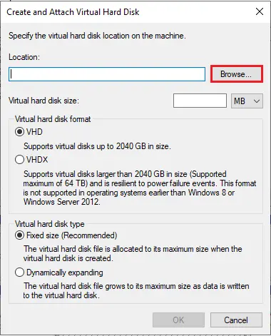 create and attach virtual hard disk