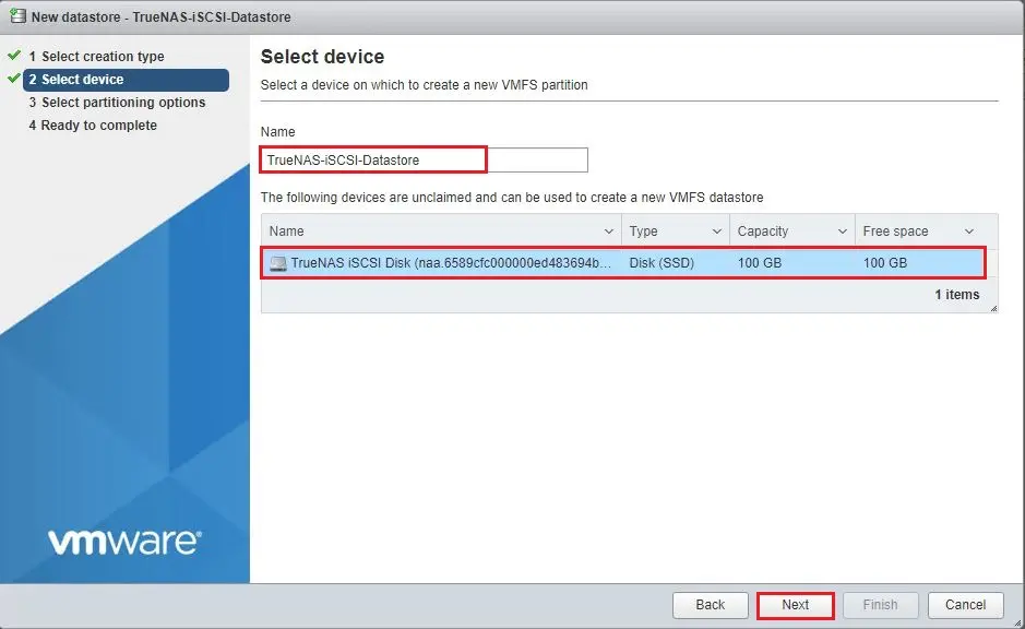 create new datastore select device