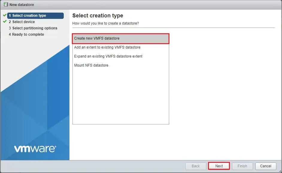 create new vmfs datastore