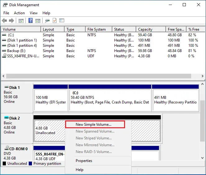 disk management new simple volume