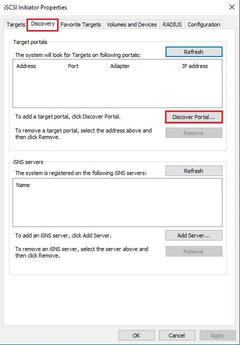 iSCSI initiator properties discovery