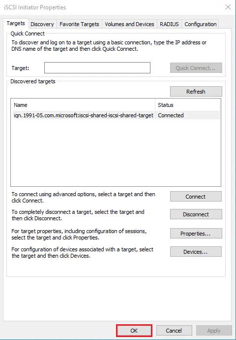 iSCSI initiator properties target