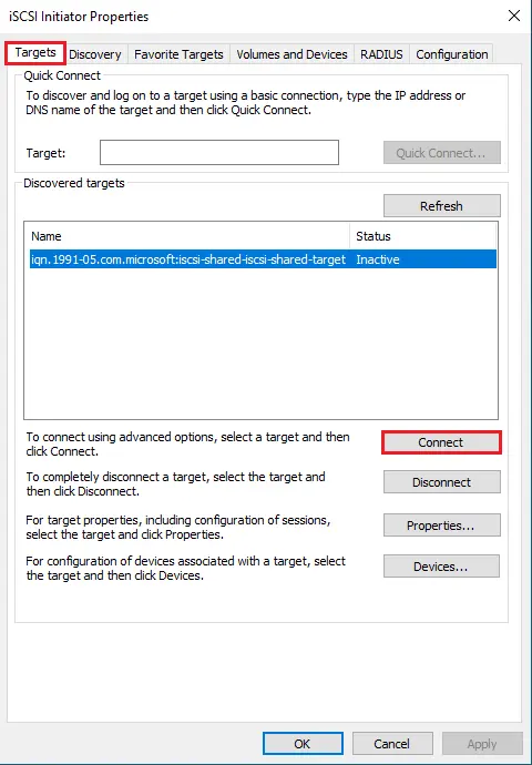 iSCSI initiator properties targets