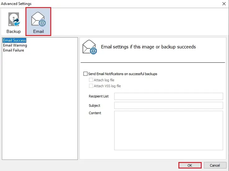 macrium advanced settings email