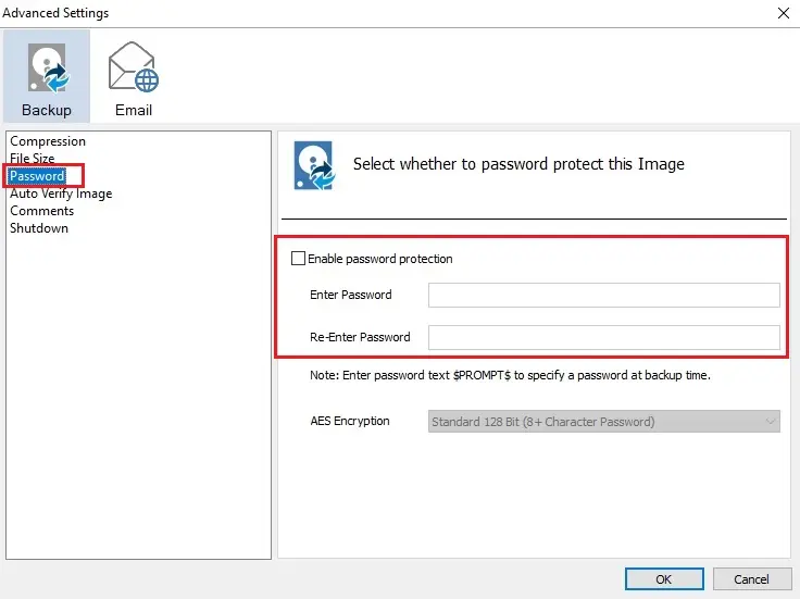 macrium advanced settings password