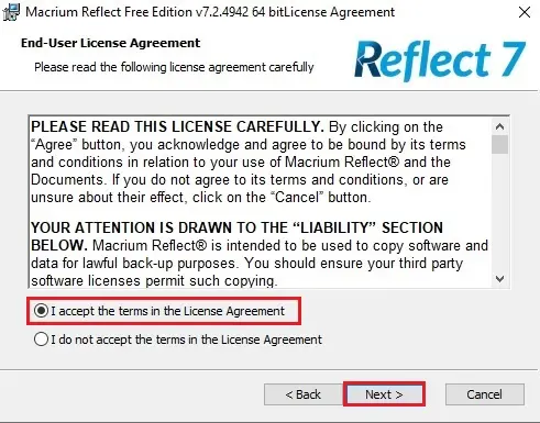 macrium reflect setup license agreement