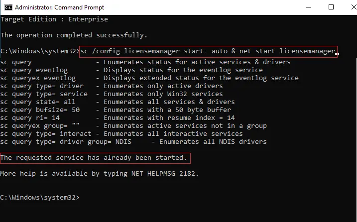 net start licensemanager cmd