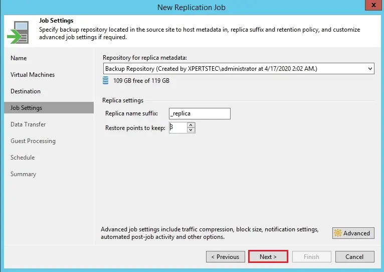 new replication job job settings