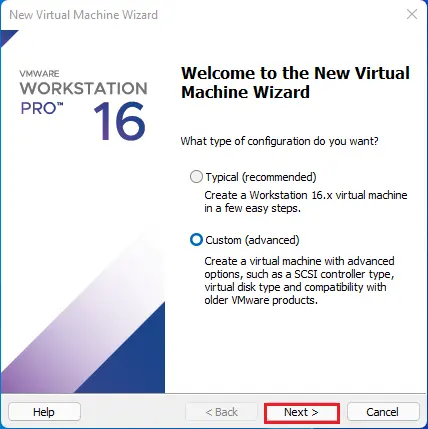 new virtual machine wizard custom