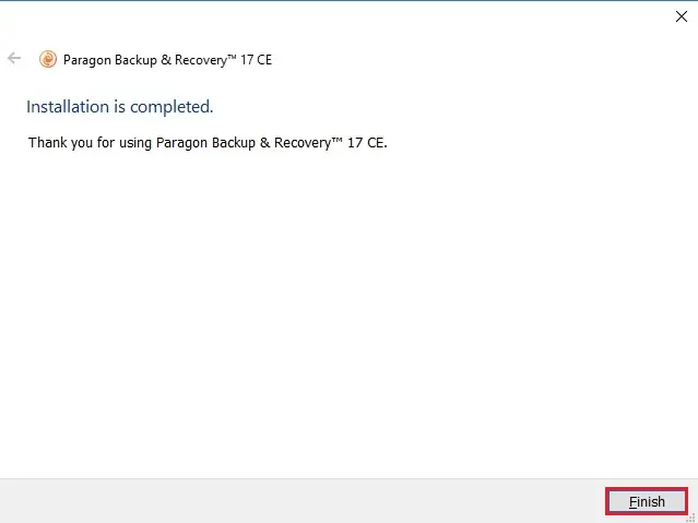 paragon backup installation complete
