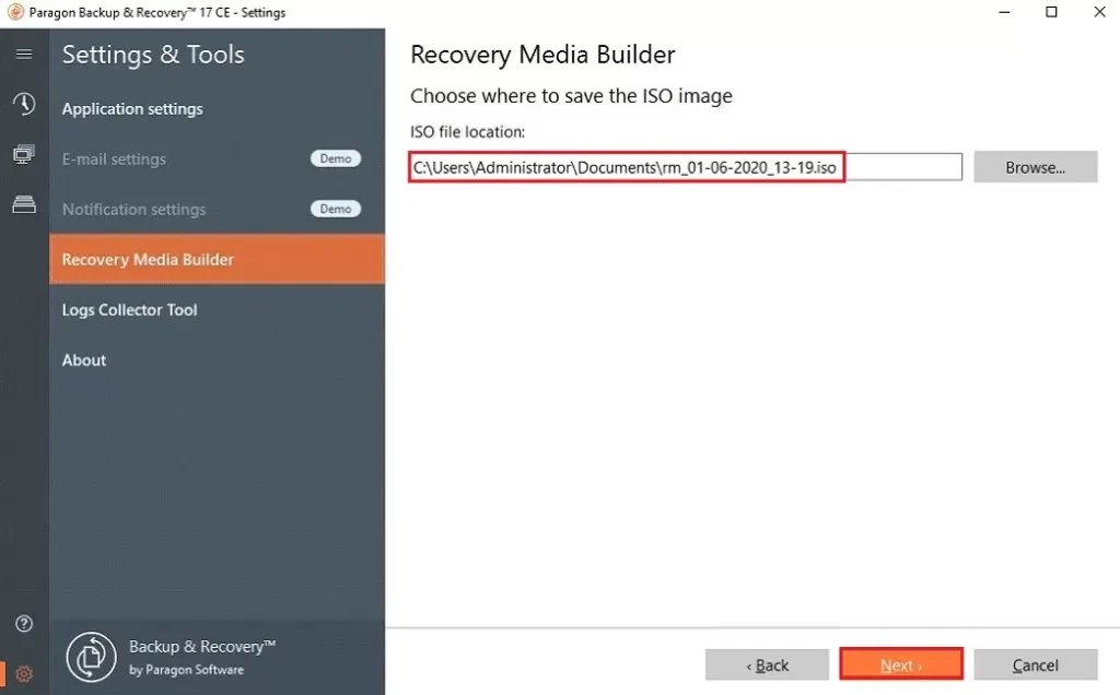 paragon recovery media builder