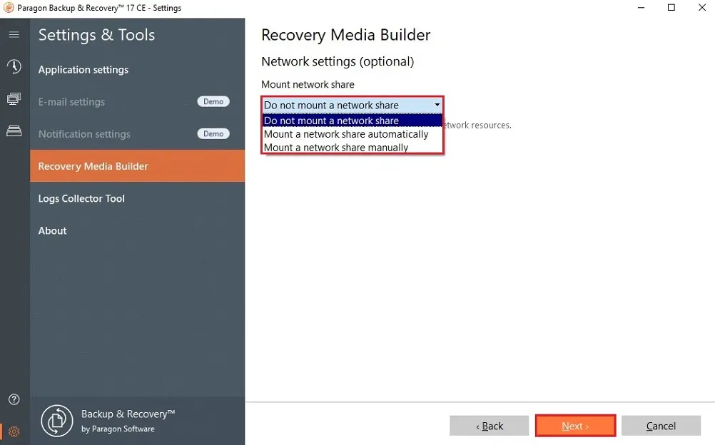 paragon recovery media builder network