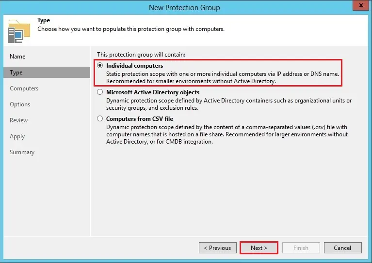 protection group type veeam