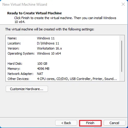 ready to create virtual machine