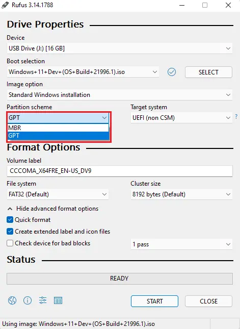 rufus select partition scheme