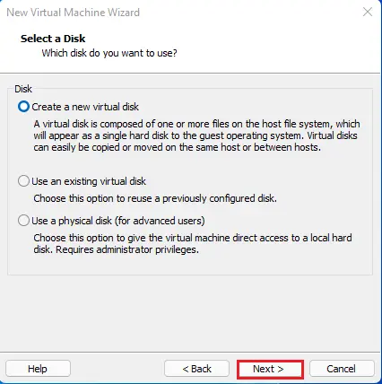 select a disk vmware workstation