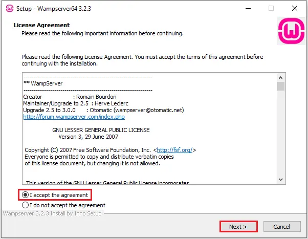 setup wamp server license agreement