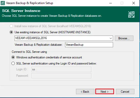 sql server instance for veeam backup