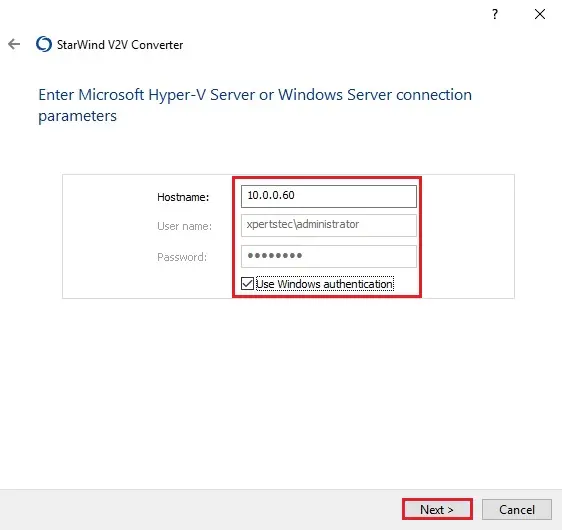 starwind v2v connection parameter