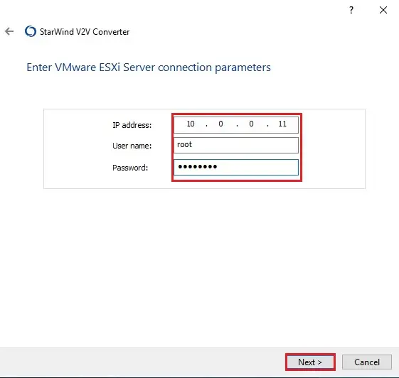 starwind v2v enter vmware esxi