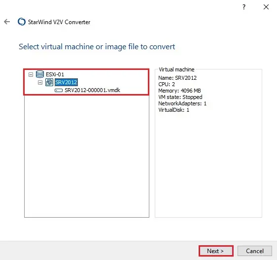 starwind v2v select virtual machine