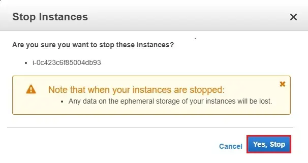 stop instance click yes