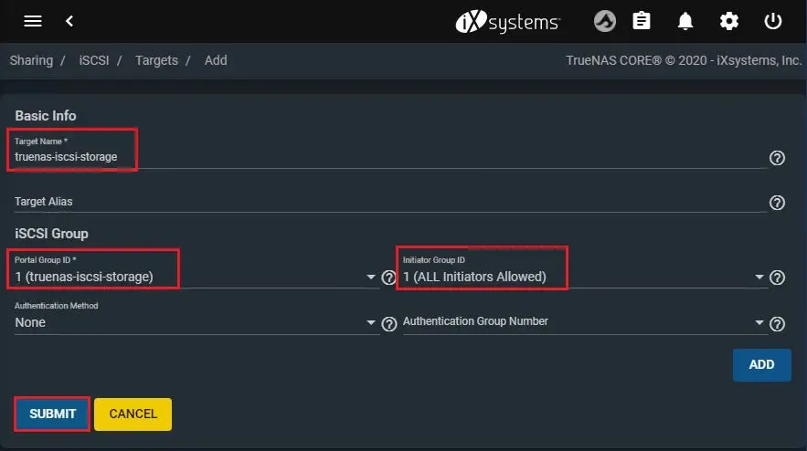 truenas core add iscsi targets